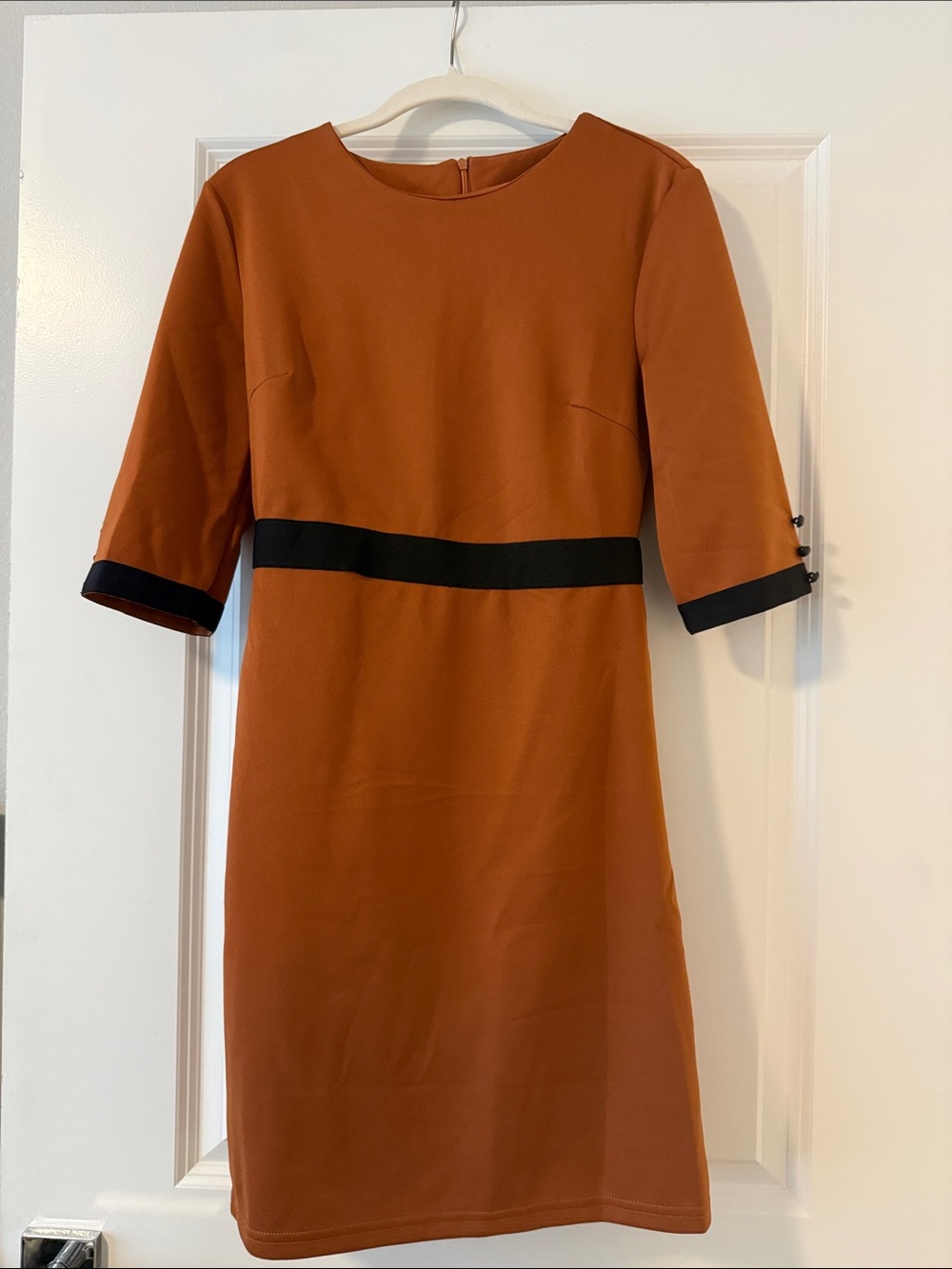 SHEIN Rust Shift Dress with Black Waistband and Cuff Trim
